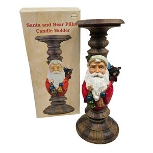 Carved Old World Victorian Santa Claus Pillar Candle Holder Painted Resin in Box